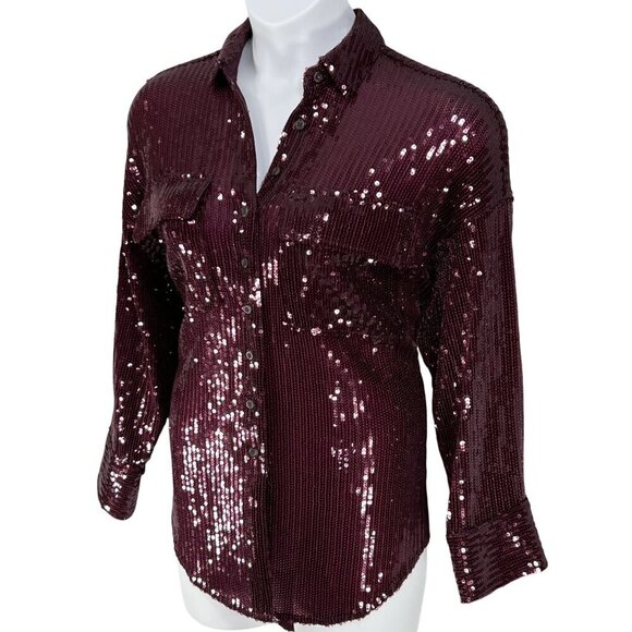 Anthropologie Pilcro Women XS OVERSIZED Burgundy Sequin Button Up Fairy Glam Top - Picture 1 of 16